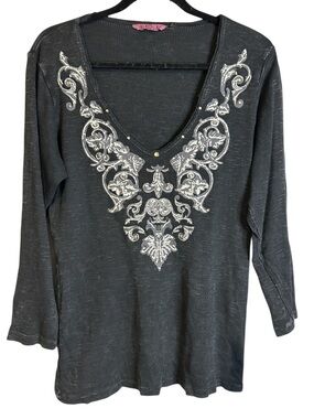 I.D.I. by Mathew Y2K Vintage Embellished Boho Top XL V-Neck Whimsigoth Rodeo IDI